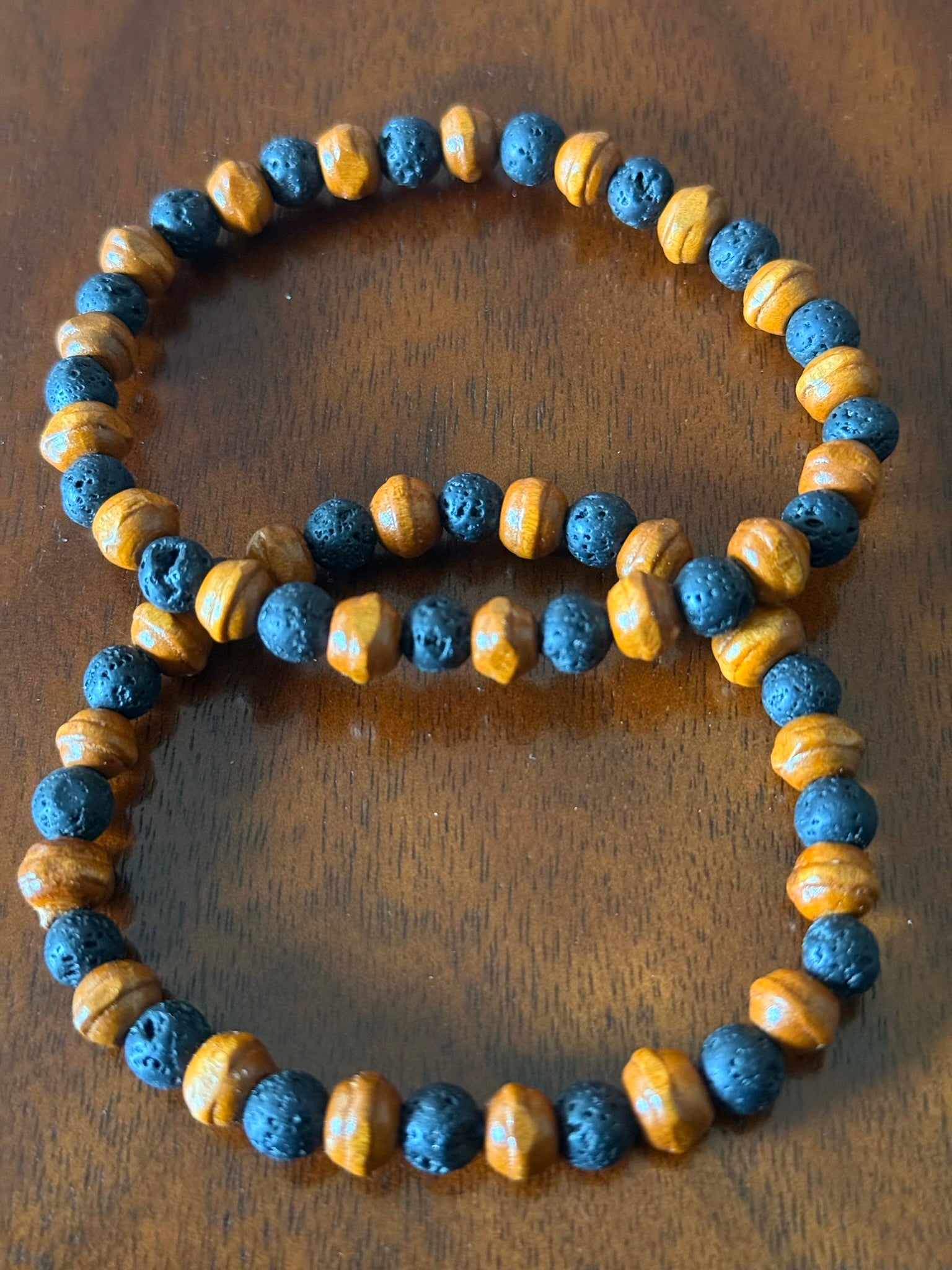 Lava Bead Bracelet with Light Brown Wood Beads